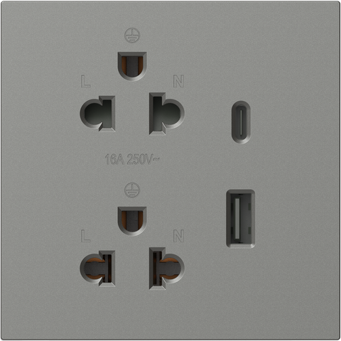 Module Ổ cắm đôi 3 chấu chuẩn Âu Mỹ 16A kèm sạc USB và type C màu Xám Simon M7 66E7251-6Q