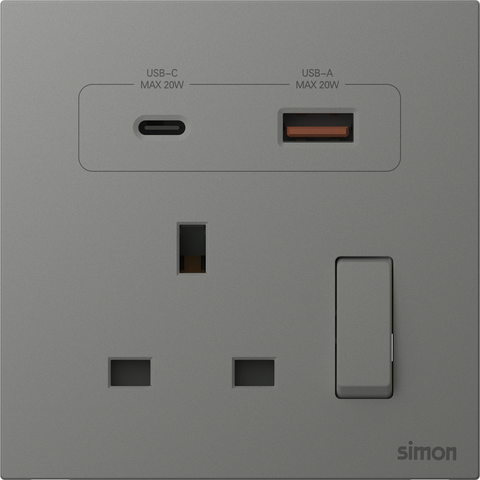 Module Ổ cắm chuẩn Anh kèm sạc USB và Type C có công tắc bật tắt ổ cắm màu xám Simon M7 66E7254-6Q