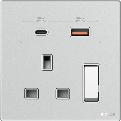 Module Ổ cắm 3 chấu chuẩn Anh kèm Sạc USB và TypeC Simon M7 66E7254G-4E mặt kính cường lực màu bạc