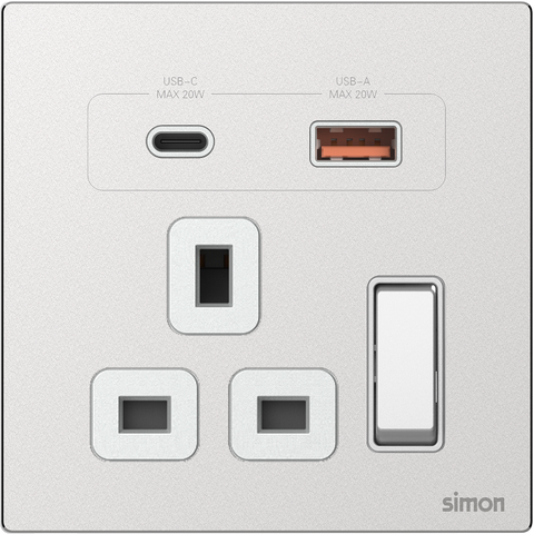 Module Ổ cắm 3 chấu chuẩn Anh kèm Sạc USB và TypeC Simon M7 66E7254M-2A mặt kim loại màu Bạc