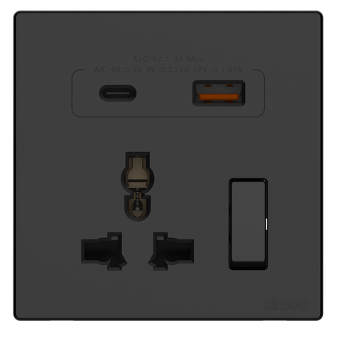 Ổ cắm đa năng kèm công tắc có sạc USB và Type C màu đen Simon S6 58E7253-26 chuẩn đế vuông