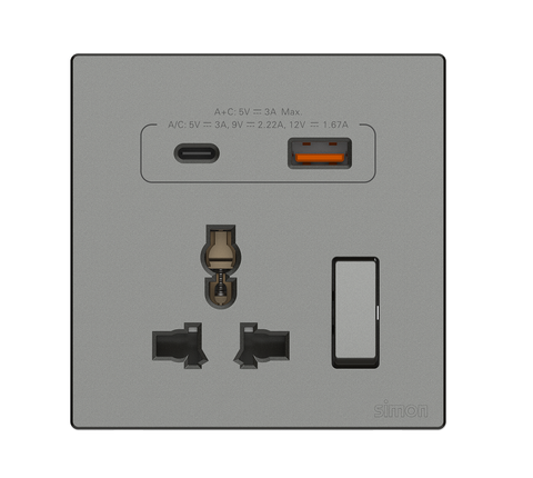 Ổ cắm đa năng kèm công tắc có sạc USB và Type C màu Xám Simon S6 58E7253-61 chuẩn đế vuông