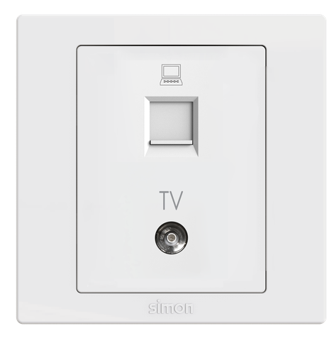 Module Bộ ổ cắm tivi + mạng Cat6 màu trắng Simon S5 lắp đế vuông