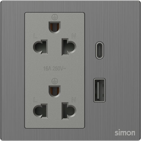 Module Ổ cắm đôi 3 chấu chuẩn Âu Mỹ 16A kèm sạc USB và type C màu xám kim loại Simon M7 66E7251M-2B