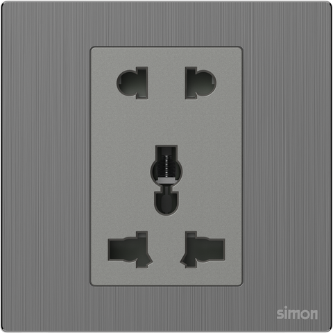 Bộ ổ cắm 3 chấu đa năng và 2 chấu màu xám mặt kim loại Simon M7 661080M-2B lắp đế vuông