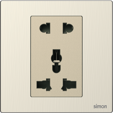 Bộ ổ cắm 3 chấu đa năng và 2 chấu màu vàng mặt kim loại Simon M7 661080M-2C lắp đế vuông