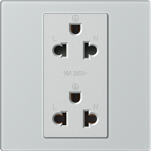 Bộ ổ cắm đôi 3 chấu Âu Mỹ màu bạc mặt kính Simon M7 661287G-4E lắp đế vuông