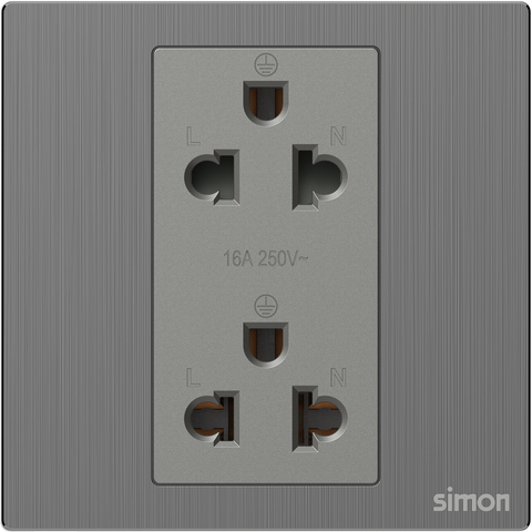 Module ổ cắm đôi 3 chấu chuẩn Âu Mỹ màu xám mặt kim loại Simon M7 661287M-2B