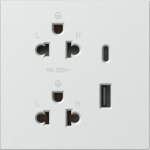 Module Ổ cắm đôi 3 chấu chuẩn Âu Mỹ 16A kèm sạc USB và type C màu Bạc Simon M7 66E7251-6R