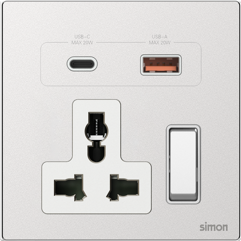 Bộ ổ cắm kèm cổng sạc USB và Type C màu bạc mặt kim loại Simon M7 66E7253M-2A lắp đế vuông