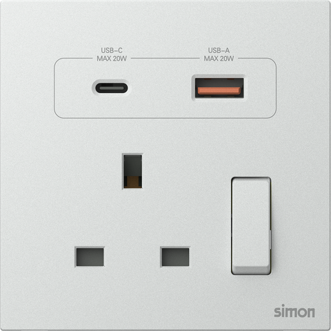 Module Ổ cắm chuẩn Anh kèm sạc USB và Type C có công tắc bật tắt ổ cắm màu Bạc Simon M7 66E7254-6R