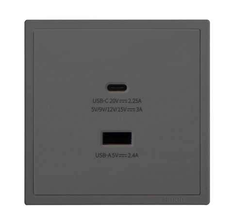 Ổ cắm sạc USB 5V, 24,A và type C 45W Simon màu xám vuông I7 70E727-61