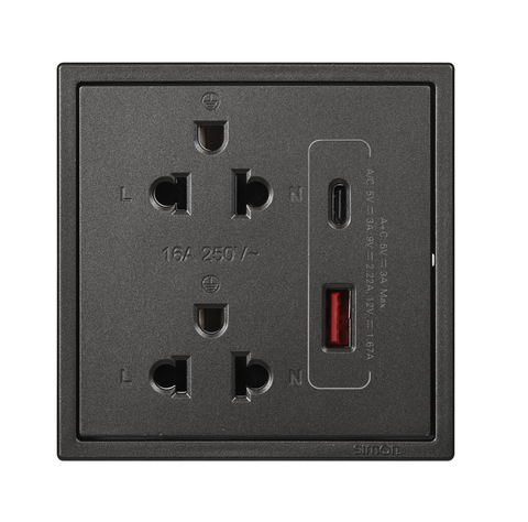 Ổ cắm đôi 3 chấu kèm sạc USB + Type C+A( 20W ), Simon I7 71E7251-26 màu đen