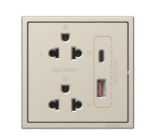 Ổ cắm đôi 3 chấu chuẩn Âu Mỹ kèm ổ sặc USB và cổng sạc Type A+C màu sâm panh Simon I7 71E7251-46
