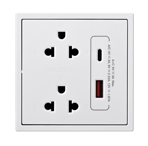 Ổ cắm đôi 3 chấu chuẩn Âu Mỹ kèm ổ sạc USB và cổng sạc Type C màu trắng Simon I7 71E7251