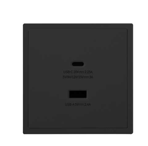 Ổ cắm sạc USB 5V, 24,A và type C 45W Simon vuông I7 70E727-26 màu đen