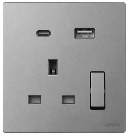 Ổ cắm 3 chấu chuẩn Anh kèm công tắc và sạc USB + Type C màu xám Simon S6 58E7254-61