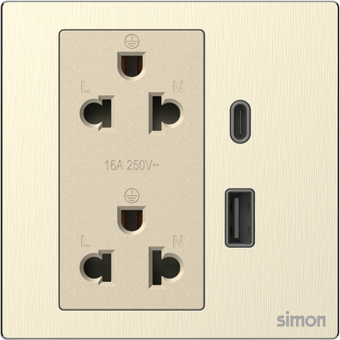 Module Ổ cắm đôi 3 chấu chuẩn Âu Mỹ 16A kèm sạc USB và type C màu vàng (gold) kim loại Simon M7 66E7251M-2C
