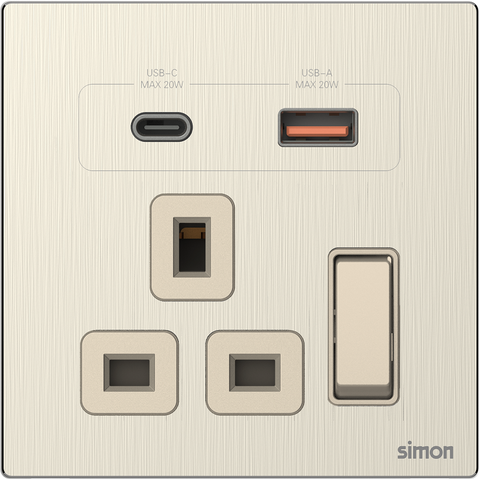 Module Ổ cắm 3 chấu chuẩn Anh kèm Sạc USB và TypeC Simon M7 66E7254M-2C mặt kim loại màu vàng Santigold