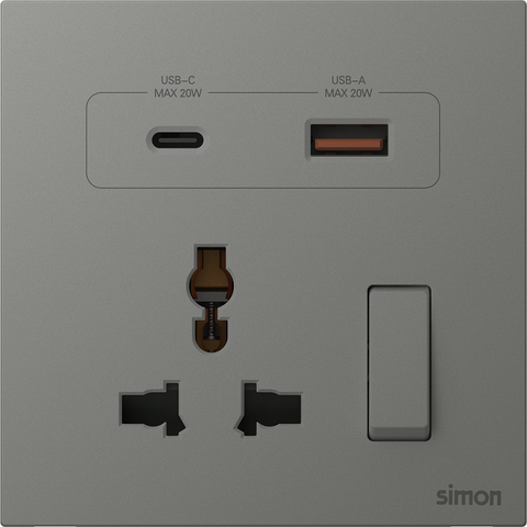 Module Ổ cắm đa năng kèm ổ sạc USB và TypeC có công tắc màu xám Simon M7 66E7253-6Q