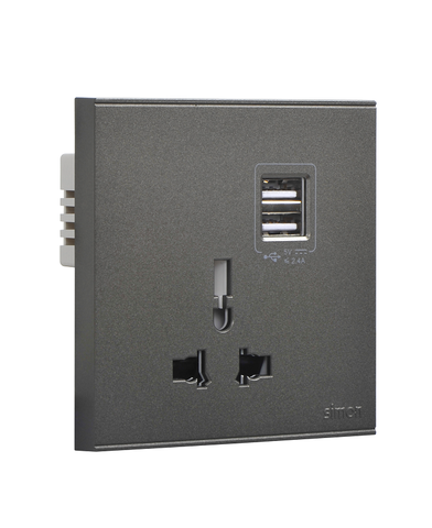 E6- Bộ Ổ cắm đơn đa tiêu chuẩn 10A có cổng sạc USB (Grey) Simon 72E725-61 Màu xám