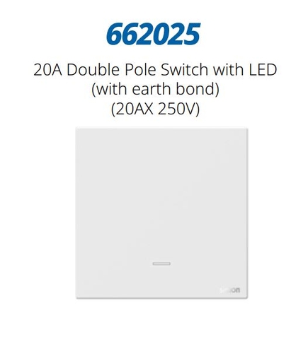 Module công tắc 20A 1 chiều có dây tiếp địa Simon M7 662025 màu trắng