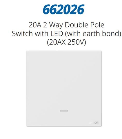 Module công tắc 20A 2 chiều có tiếp địa Simon M7 662026 màu trắng