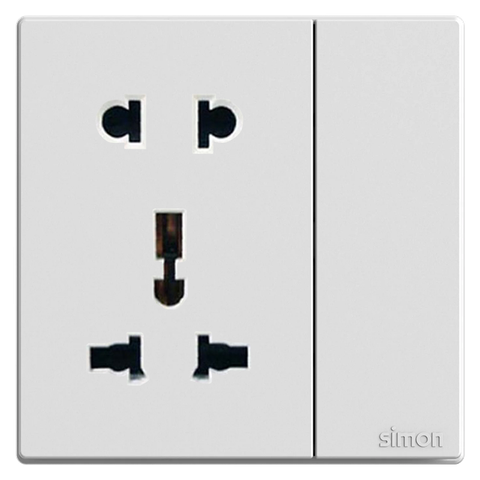 Module Ổ cắm đôi 3 chấu đa năng và 2 chấu kèm công tắc Simon S6 581080 màu trắng lắp chuẩn đế vuông