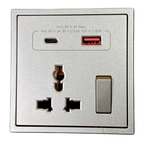 Ổ cắm đa năng kèm công tắc có sạc USB và Type C màu sâm panh Simon I7 70E7253-46