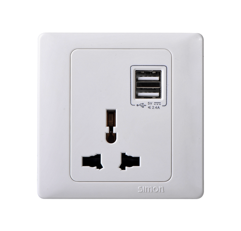 50S- Bộ Ổ cắm đa tiêu chuẩn + 2 cổng sạc USB Simon 45E7255 Màu trắng