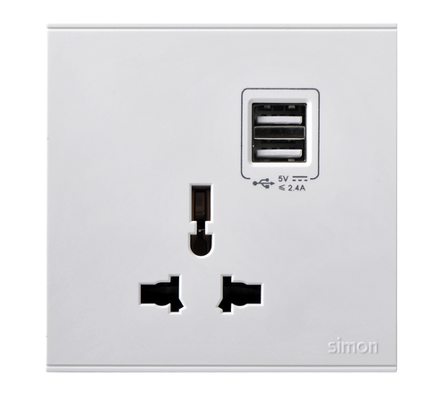 E6- Bộ Ổ cắm đơn đa tiêu chuẩn 10A có cổng sạc USB Simon 72E725 Màu trắng