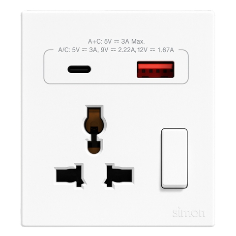 Bộ Ổ Cắm Đa Năng Kèm Công Tắc Có Sạc USB Và Sạc Type C Màu Trắng Simon S6 58E7253