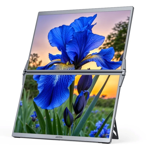 Màn hình di động kép gập gọn ARZOPA E1 – 15.6" x 2 FHD IPS, 100% sRGB, Cắm là chạy, Chân đế tích hợp - Hàng chính hãng