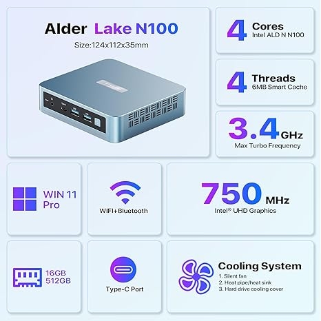 Trycoo Wi-6 Mini PC intel N100 Có Type C, RAM DDR4 3200 M.2 SSD Mini Pc văn phòng giá rẻ