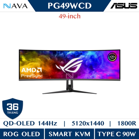 Màn hình chuyên game ROG Swift OLED PG49WCD 49 inch (5120x1440) Tấm nền QD-OLED cong, 144 Hz, thời gian phản hồi 0,03 ms (GTG), G-SYNC® compatible, tản nhiệt tùy chỉnh, độ sáng đồng đều, điều khiển thông minh ROG Smart KVM, Type-C® 90 W và điều khiển trun