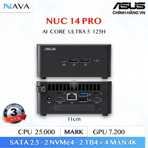 Mini PC hỗ trợ AI ASUS NUC 14 PRO RNUC14RVHU500001I (Ultra 5 125H | 2xNVMe, SATA | 2x HDMI 2.1 | 2x DP 1.4a | VESA Mount)