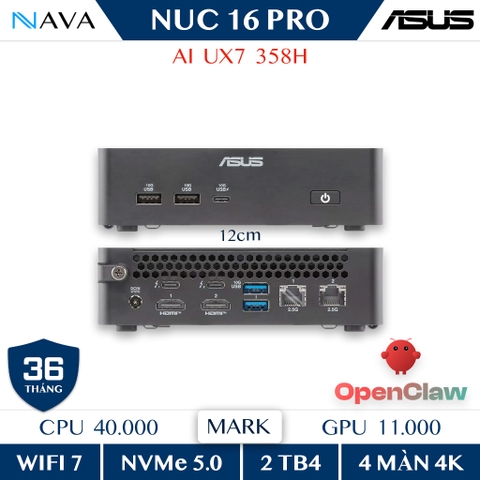 Máy tính mini ASUS NUC 16 Pro RNUC16GDKX76C302 Intel® Core™ Ultra X7 358H RAM 32GB LPDDR5X hiệu năng cao , cho phép phát triển trí tuệ nhân tạo, huấn luyện máy học và phân tích dữ liệu nâng cao cho các tổ chức xây dựng giải pháp thông minh, hỗ trợ OpenLaw