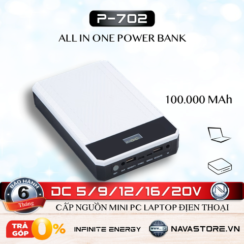 Sạc dự phòng 100000 mah P-702 cấp nguồn cho Mini PC, Laptop, Điện Thoại gọn + nhẹ kèm 10 đầu 100.000