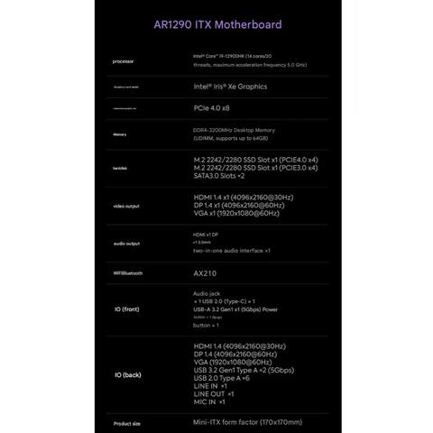MINISFORUM AR1290 intel Core i9-12900HK ITX Motherboard + CPU