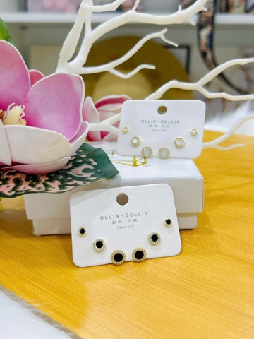 Bông tai Bạc - TM025 - 3 cặp bông tai tròn đính đá