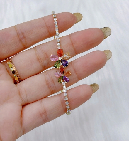 Lắc tay Bạc - TM021 - Hoa 5 cánh đính đá đa sắc