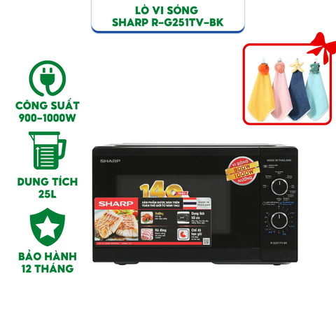 Lò vi sóng có nướng Sharp R-G251TV-BK - Dung tích 25 lít - Công suất 900-1000W - Hàng chính hãng bảo hành 12 tháng