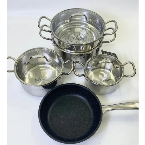 Bộ Nồi Đáy Liền Kèm Xửng Và Chảo Chống Dính  Fivestar FP-B5006 Nắp Kính  - Kích Thước 16cm/20cm/24cm - Bảo Hành Chính Hãng