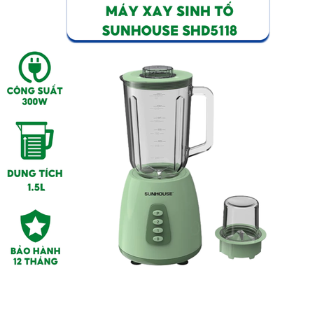 Máy xay sinh tố Sunhouse SHD5118 - Công suất 300W - 2 tốc độ, 1 chế độ nhồi - Bảo hành 12 tháng