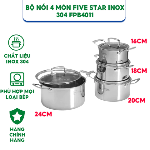 Bộ 4 Nồi Inox 304 Cao Cấp 3 Đáy Sillit Fivestar FP-B4011 Nắp Kính 10 pcs - Kích Thước 16cm/18cm/20cm/24cm - Bảo Hành Chính Hãng