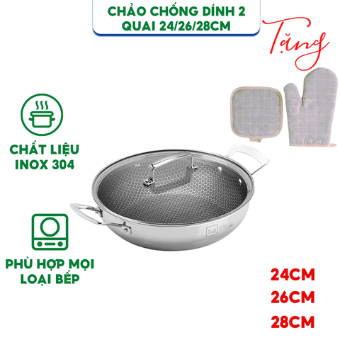CHẢO CHỐNG DÍNH 3 LỚP INOX 304 2 QUAI BLACKCUBE size 24/26/28cm - HÀNG CHÍNH HÃNG