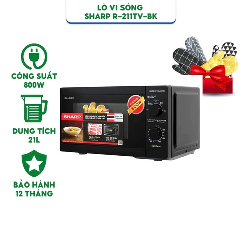 Lò vi sóng Sharp R-211TV-BK - Dung tích 21 lít - Công 800W - Hàng chính hãng bảo hành 12 tháng