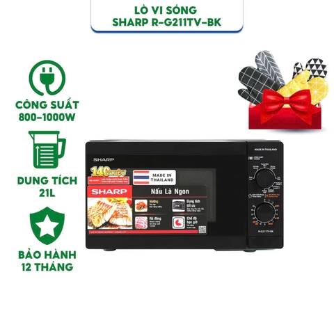 Lò vi sóng cơ có nướng Sharp R-G211TV-BK - Dung tích 21 lít - Công suất 800W-1000W - Hàng chính hãng bảo hành 12 tháng