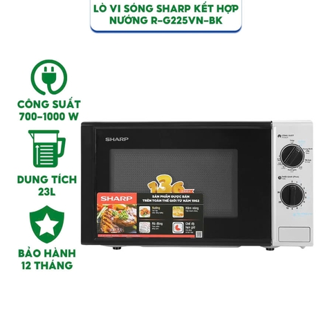Lò Vi Sóng kết hợp nướng Sharp R-G225VN-BK - Dung tích 23 lít - Công suất 700-1000W - Hàng chính hãng bảo hành 12 Tháng