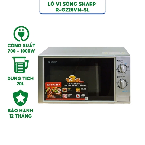 Lò vi sóng Sharp có nướng R-G228VN-SL - Dung tích 20 lít - Công suất 700-1000W - Hàng chính hãng bảo hành 12 tháng